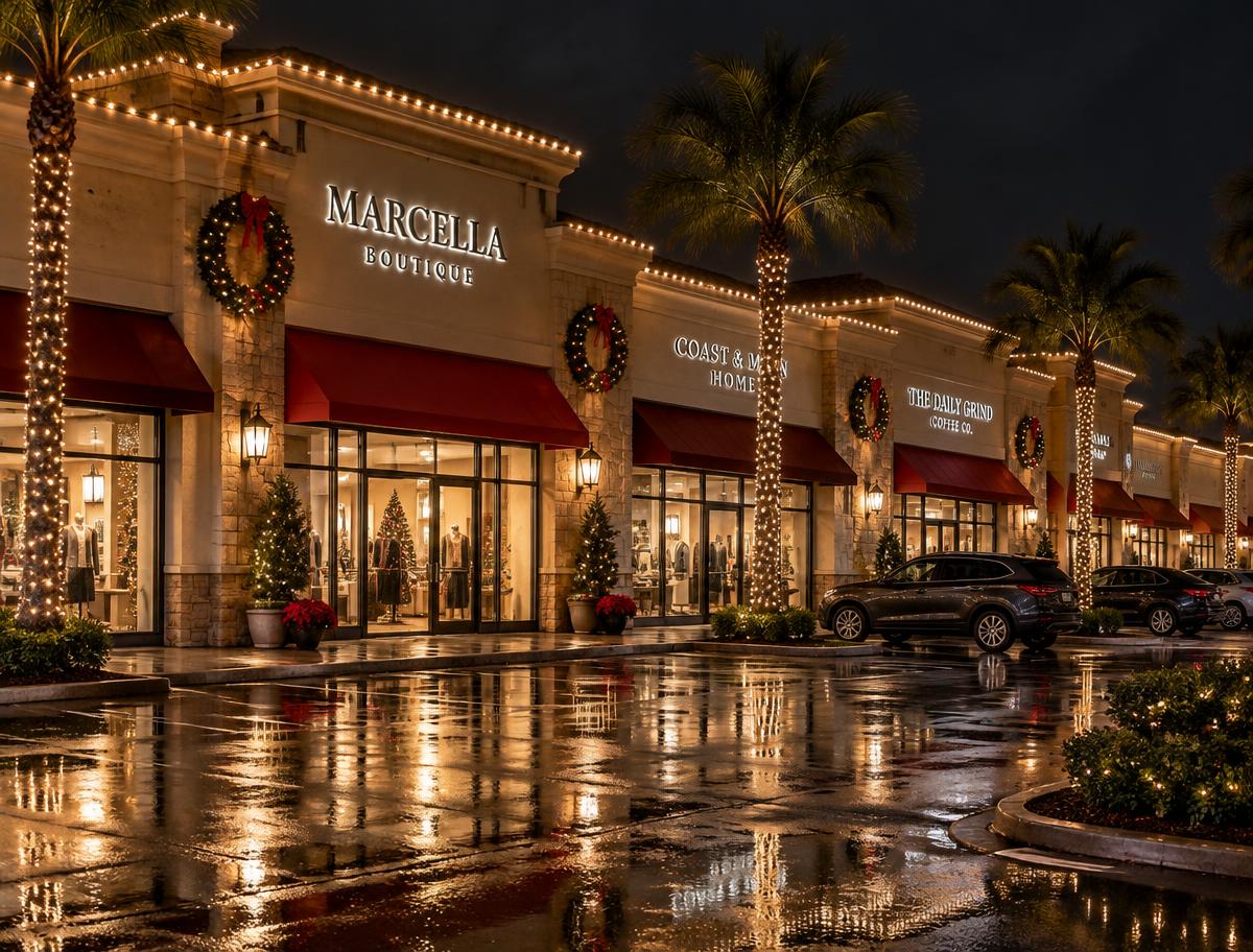 Shopping plaza storefronts outlined in holiday lights at night
