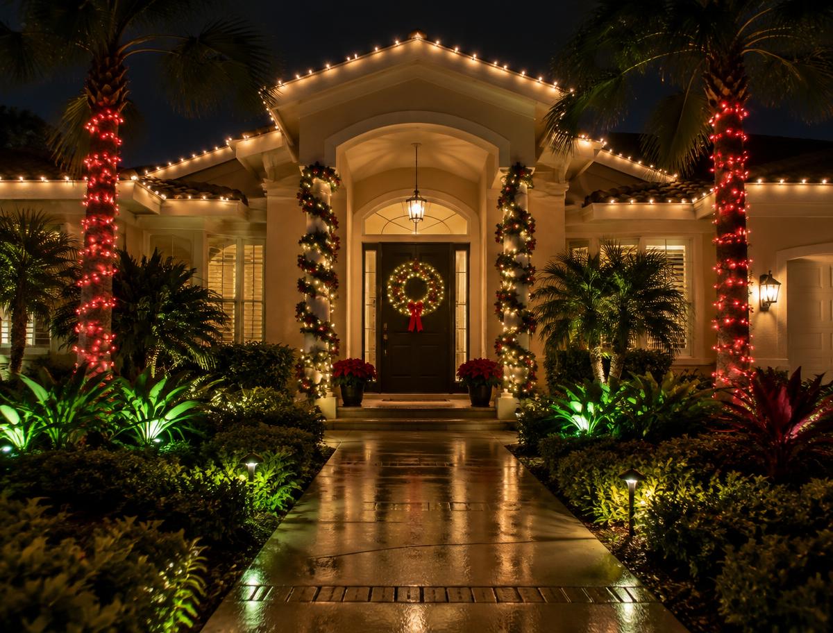 Home entrance with lit wreath, garland columns and palm trees wrapped in red lights